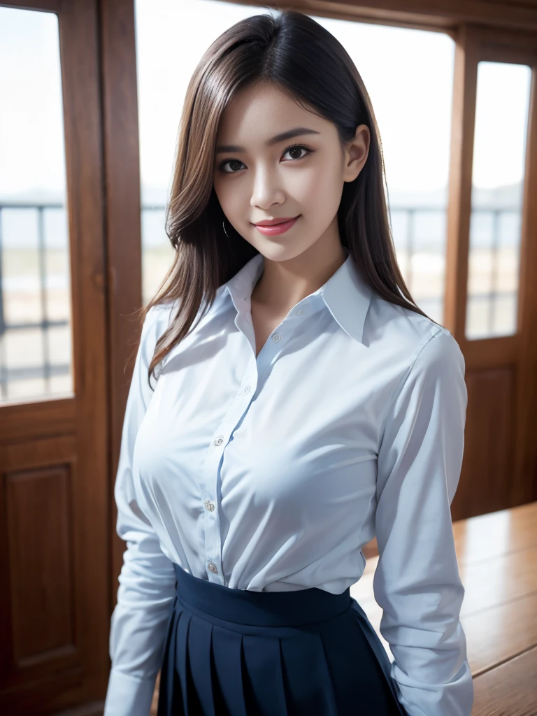 top-quality, masterpiece, 8K, 超A high resolution, (Photorealsitic:1.4), 1girl in、Beautiful expression, Collared shirt、blue tight skirt、symmetrical eye、Medium 、Perfect body proportion、Unbutton the chest、Look at viewer' smile face, lipstik, close shot capture, halfbody, eyes on camera, details eyes, beautiful eyes