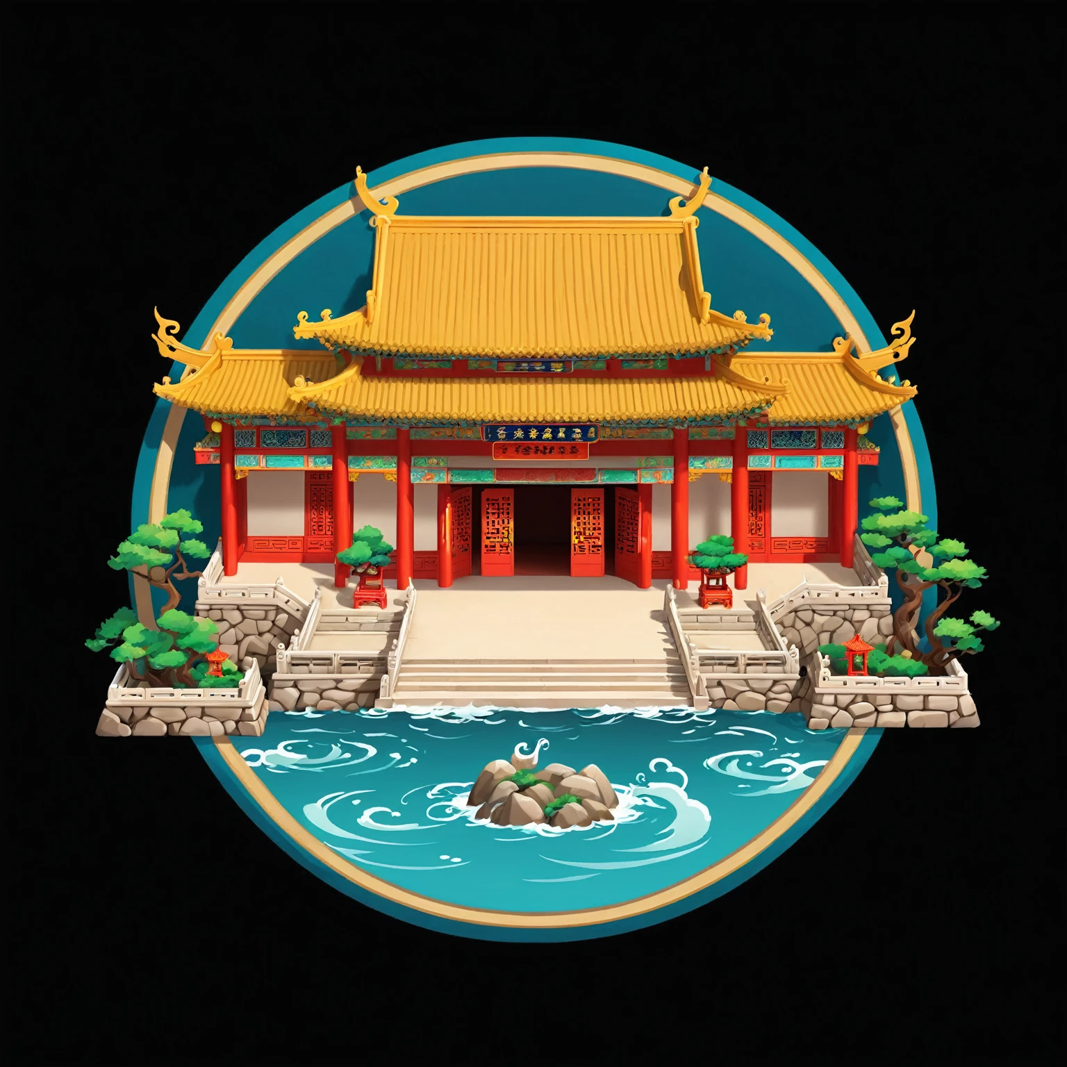 ((front doorway)), (see the eaves), (((elevation angle))), eaves, (((sea dragon palace))), (((cute version))), (cute scale)), cartoon material, palace, Chinese court, traditional architecture.