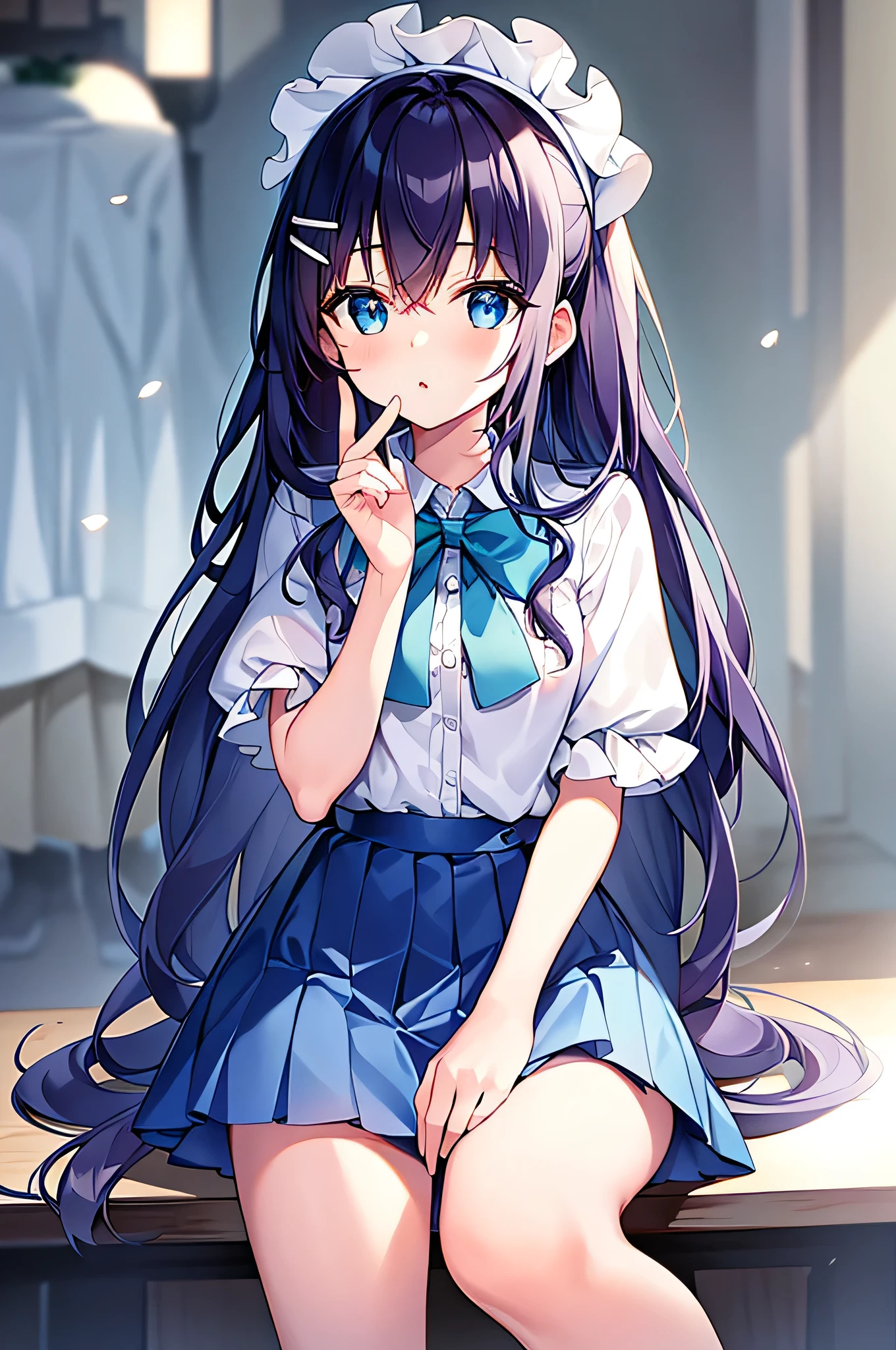(((masterpiece))), (((Highest quality))), (((超High resolution))), (((High resolution))), (((Superb illustrations))), (((upper))), (((absurdes))), (Dark blue hair), (Thinking Ahead:1.3), sunny, (One girl), (child:1.4), Very long sideburns, very cute, Moe anime style, (Girl:1.5), Transparent facial depiction, Highly detailed eye depiction, (Dark blue straight long hair:1.3), (Super long and thick sideburns:1.4), (heavily split bangs:1.3), (very cute blouse in white and light blue:1.2), (Looking to the future:1.3), (Simple hair clip:1.3), (very cute light blue pleated skirt with snow-white ruffles at the hem:1.2), (Laughter:1.2), (Little blue eyes:1.2), (((Clear Eyes))), (Slightly droopy eyes:1.3), (Wide open mouth), (Super thick and super long sideburns:1.1), (Super long and thick sideburns:1.1), (Ultra-thin chest:1.4), (Very small breasts:1.4), (very cute blouse in pale light blue:1.2), Starbucks, (Sit across the table:1.4), (Caramel Frappuccino Table:1.3), (very cute light blue pleated skirt with snow-white ruffles at the hem:1.2), Starbucks store on a summer afternoon