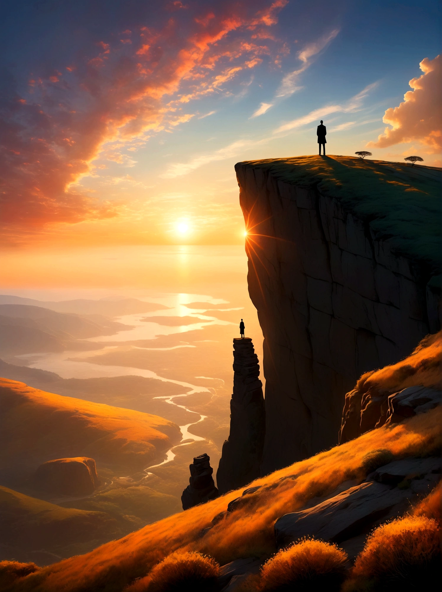 Create a visual representation of a solitary figure on a cliff during sunrise, The individual stands tall in awe and wonder under the expansive sky, their silhouette a stark contrast against the vibrantly colored morning light, They are in a deep state of contemplation, the serene atmosphere around them speaks of tranquility and solitude, The perspective is from a wide-angle view emphasizing the immense scope of the breathtaking landscape filled with natural elements, The image should evoke a sense of drama and magnitude with the effective use of light and shade.