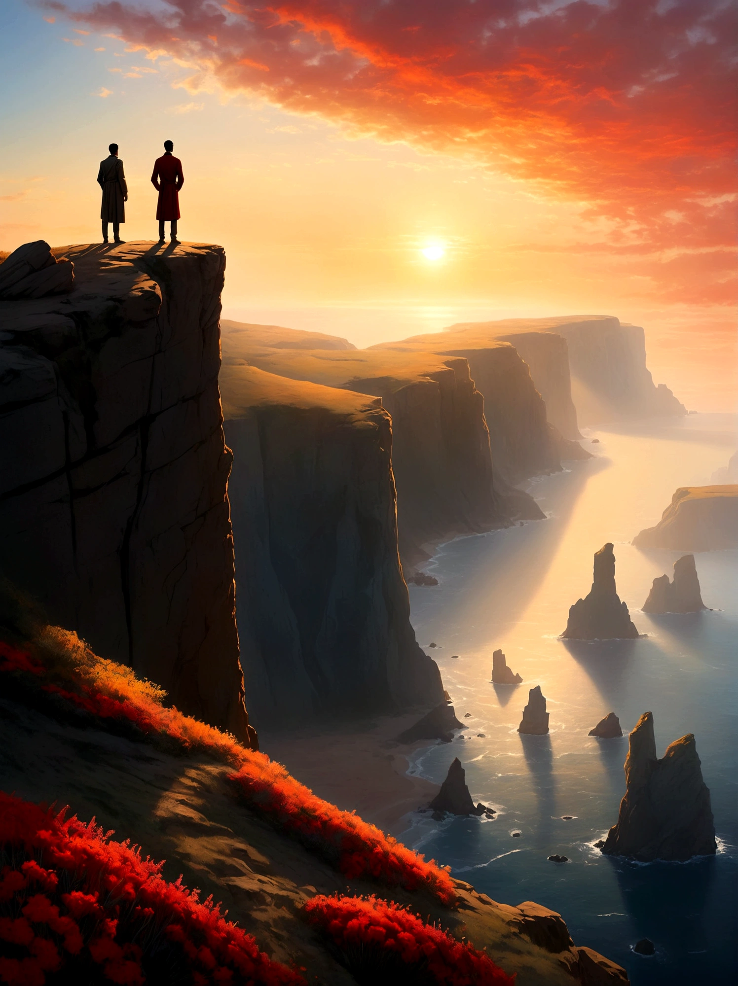 Create a visual representation of a solitary figure on a cliff during sunrise, The individual stands tall in awe and wonder under the expansive sky, their silhouette a stark contrast against the vibrantly colored morning light, They are in a deep state of contemplation, the serene atmosphere around them speaks of tranquility and solitude, The perspective is from a wide-angle view emphasizing the immense scope of the breathtaking landscape filled with natural elements, The image should evoke a sense of drama and magnitude with the effective use of light and shade.
