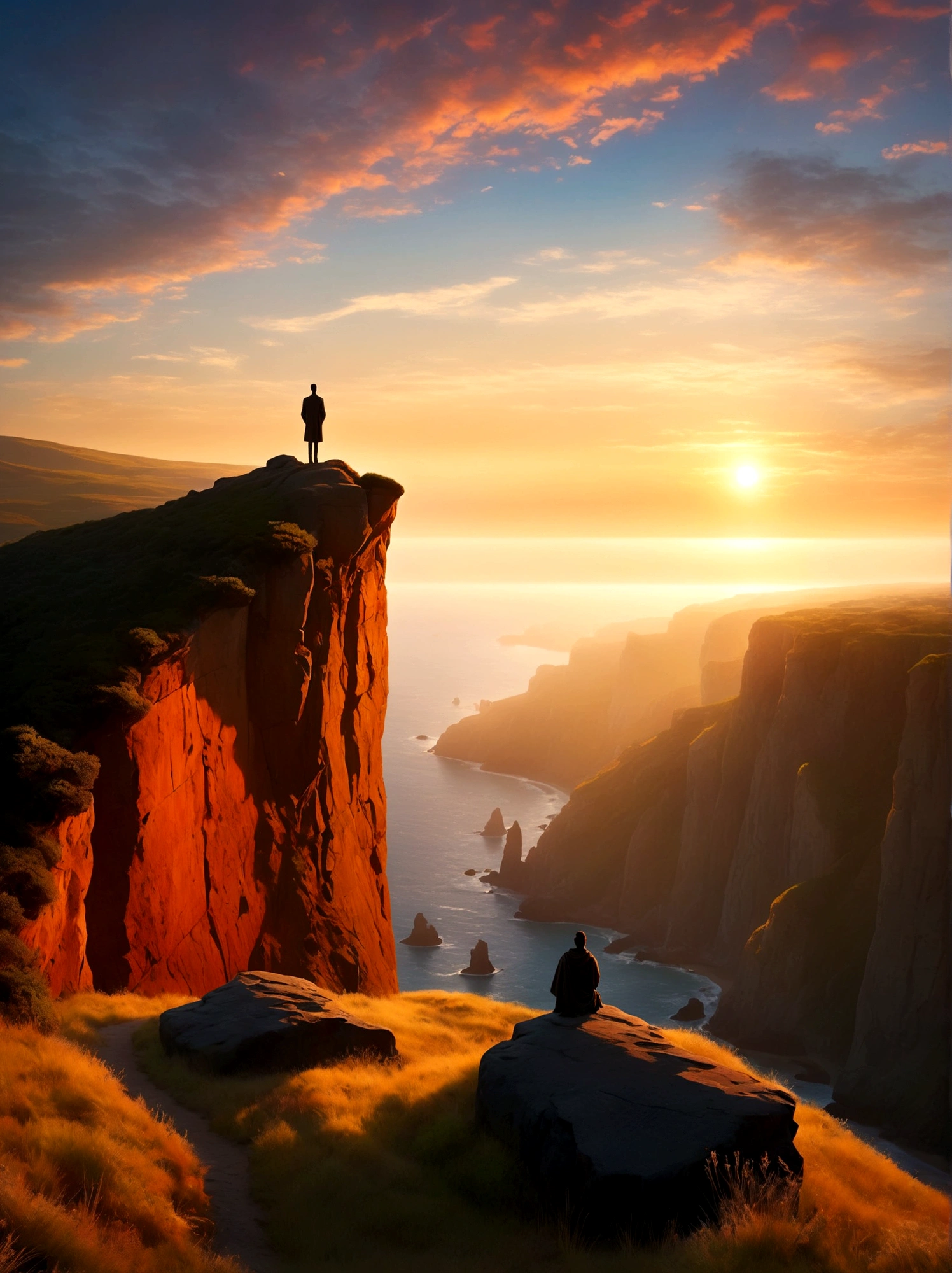 Create a visual representation of a solitary figure on a cliff during sunrise, The individual stands tall in awe and wonder under the expansive sky, their silhouette a stark contrast against the vibrantly colored morning light, They are in a deep state of contemplation, the serene atmosphere around them speaks of tranquility and solitude, The perspective is from a wide-angle view emphasizing the immense scope of the breathtaking landscape filled with natural elements, The image should evoke a sense of drama and magnitude with the effective use of light and shade.