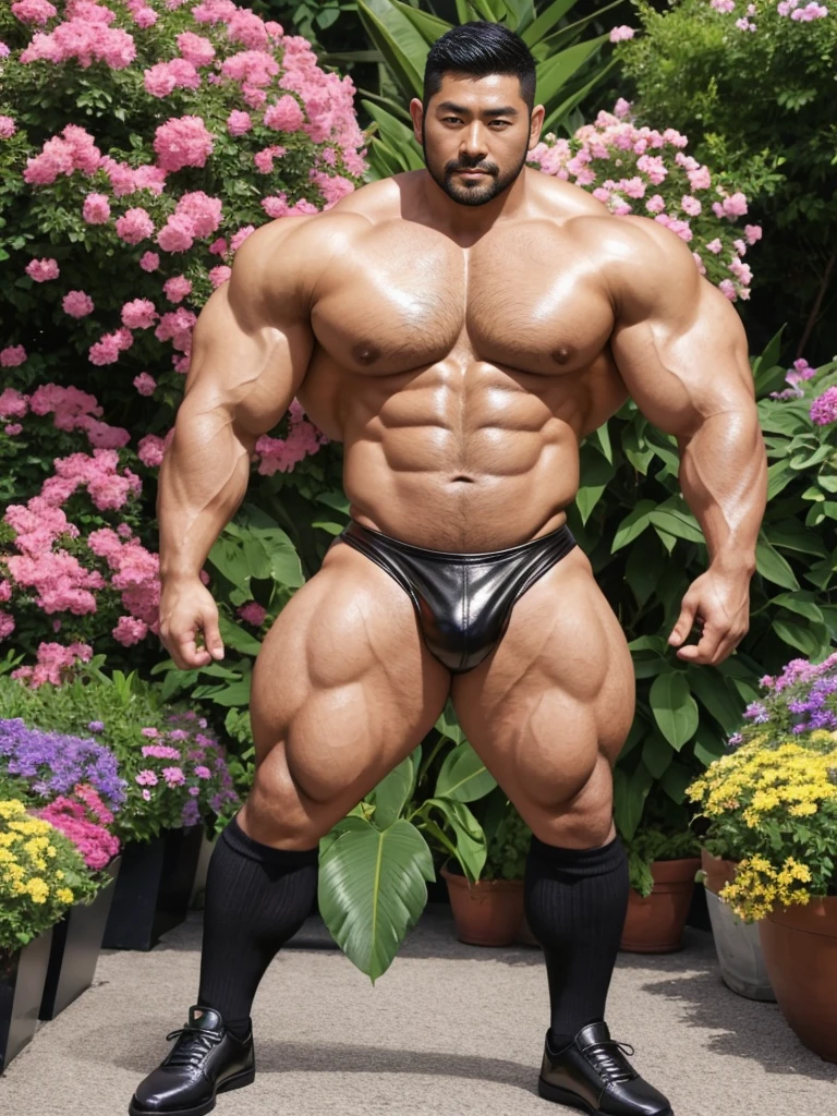 There is only one handsome Asian actor in the photo,35 years old,High target, Fitness,short hair, O-Shaped Beard,Perfect body, Dark skin color,Radiant Skin,Smooth skin,Muscle bulge, muscular, Very large pectoral muscles,Very sexy abdominal muscles,Very well-developed leg muscles,Huge concave and convex area,Brightens oily skin,Wearing black leather shiny thong,Handsome face, Correct and accurate male body proportions, Wear black leather socks,Stand among the flowers。