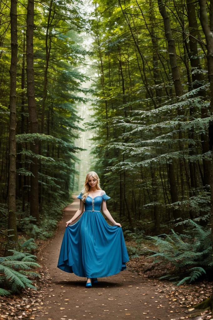 a European woman, flowing long blonde hair, enchanted autumn forest, (cleavage), (big curvy breasts), natural skin, jewels, blue dress, 24mm, 4k, soft cinematic light, RAW photo, photorealism, photorealistic, intricate, elegant, highly detailed, sharp focus, ((((cinematic look)))), soothing tones, insane details, intricate details, hyperdetailed, low contrast, soft cinematic light, dim colors, exposure blend, hdr, faded