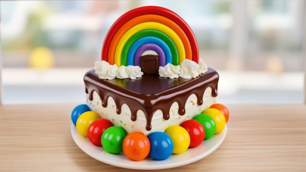 in the kitchen, on a wooden table, on a white porcelain plate, a white square cream cake, colorful m&m's dragees around the cake, drops of chocolate ganache on the cake, cream clouds, a rainbow made of polymer clay, window light, bright lights, soft light, window light, professional lighting, light from the window, neat light, realistic texture, realistic style, detailed texture, high quality, high resolution, high quality rendering, realistic photo, brightning light, macro photo