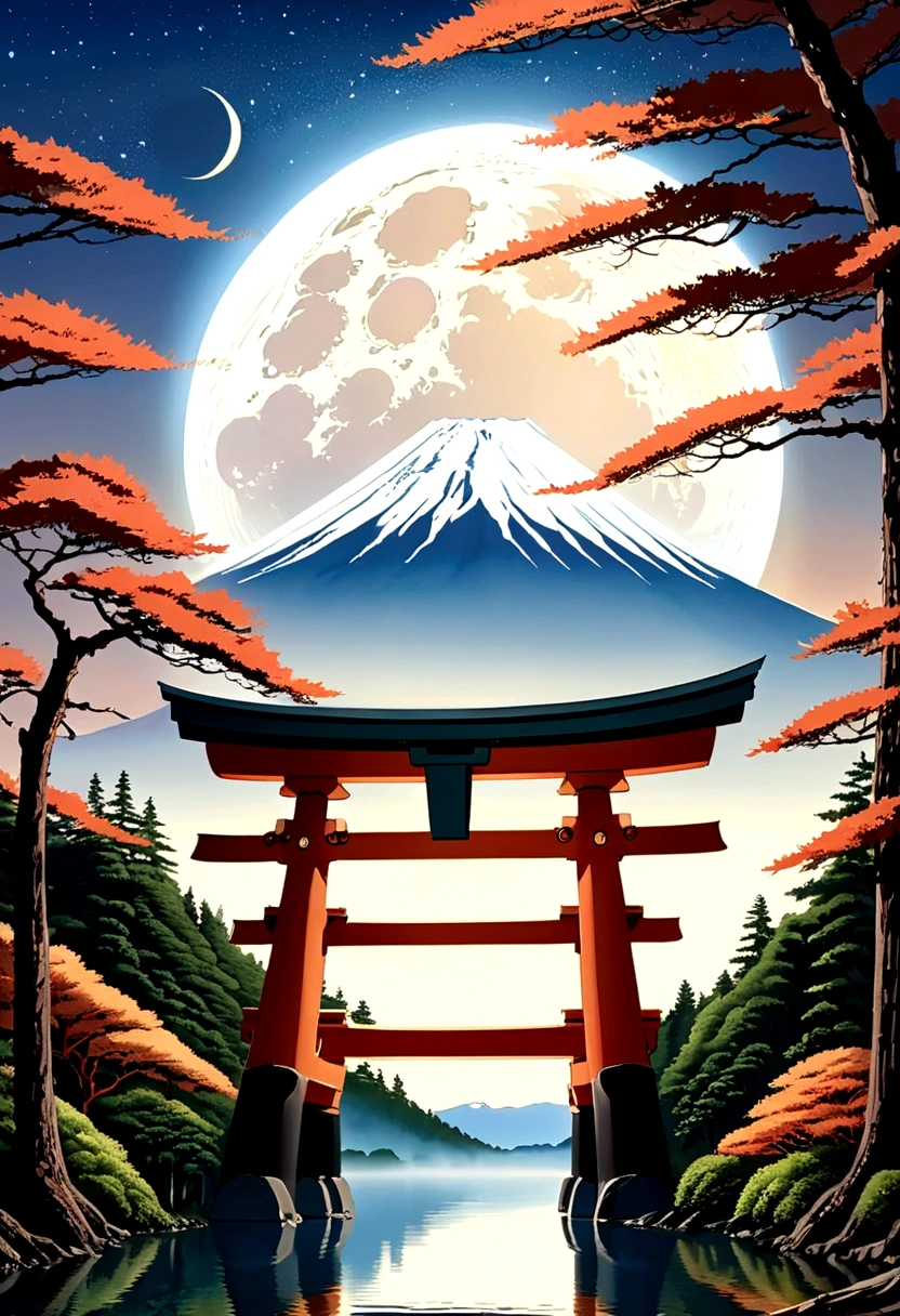 aerial photography, panoramic photography, huge moon, The abodes of the gods are scattered throughout the mountains, Huge residence where ancient Japanese gods lived, the vast grounds, lake, The abodes of some gods are so high that they touch the sky, the majesty and the divine, ancient architectural styles made of wood and stone, Ise Grand Shrine and Izumo Taisha and Omiwa Shrine are merge and expand, landscapes of Japan 100000 years ago, Mt. Fuji looks small in the distance, Mt. Fuji erupts and spews out magma, There is no snow on Mt. Fuji, tropical virgin forest, forests and lakes, ancient ruins, Thatched houses where people who worship God live, outdoor, Original scenery of the Japanese, 8k, 4k, fantasy, High-definition, ancient colors, The gigantic torii gate, sepia color,