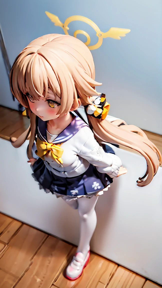 ((masterpiece,best quality)), (illustration), 1****, solo, hifumi (blue archive), halo, black pantyhose, long hair, school uniform, yellow eyes, low twintails, sailor collar, pleated blue skirt, white cardigan, long sleeves, light brown hair, blush, frilled skirt, Standing like a figurine, front
