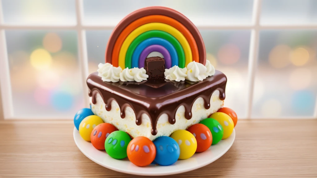 in the kitchen, on a wooden table, on a white porcelain plate, a white square cream cake, colorful m&m's dragees around the cake, drops of chocolate ganache on the cake, cream clouds, a rainbow made of polymer clay, window light, bright lights, soft light, window light, professional lighting, light from the window, neat light, realistic texture, realistic style, detailed texture, high quality, high resolution, high quality rendering, realistic photo, brightning light, macro photo