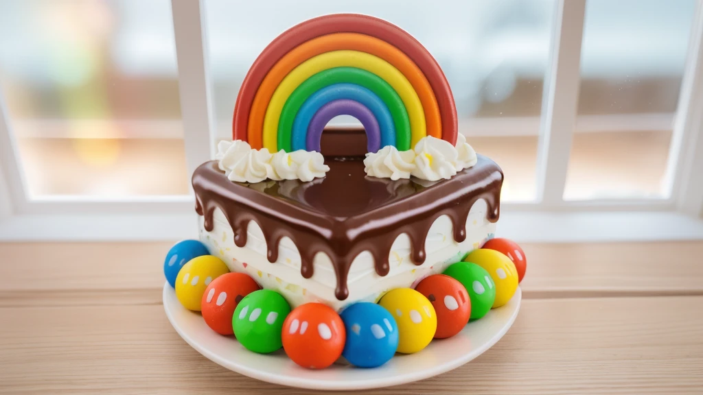 in the kitchen, on a wooden table, on a white porcelain plate, a white square cream cake, colorful m&m's dragees around the cake, drops of chocolate ganache on the cake, cream clouds, a rainbow made of polymer clay, window light, bright lights, soft light, window light, professional lighting, light from the window, neat light, realistic texture, realistic style, detailed texture, high quality, high resolution, high quality rendering, realistic photo, brightning light, macro photo
