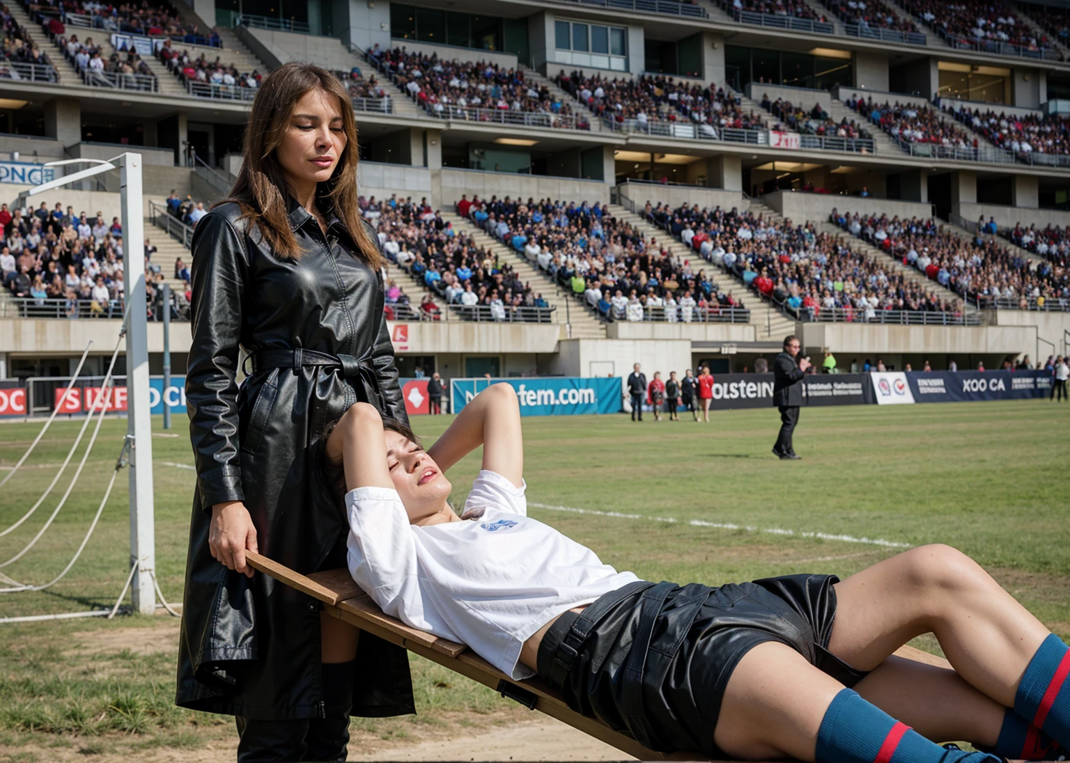 melania trump in wet blue raincoat, sthere is a sportsman in white shorts and a white t-shirt lying injured on a stretcher, there is an injured sportsman who is covering his face on a stretcher, an injured sportsman is covering his face with his hands, an injured sportsman is writhing in ecstasy on a stretcher, dramatic pity pose, there is a latino woman in a high-shine puffy coat, a high-shine black down coat, a long black moncler coat, a wetlook down coat, a wet black laquered coat, a latino wife is wearing a wetlook black uniform, injured, medic, melania trump, very professional, soccer action pose, affection pose, lecherous action pose, dramatic action pose, theatralic pose, there is an attractive woman that is carrying a skinny man, there is a beautiful woman in a shiny coat who is carrying a blond man in her arms, a longhaired beautiful woman in a high-shine black puffy coat, a longhaired woman in a shiny downcoat, a woman is carrying a shorthaired man who is wearing shorts and a t-shirt, a weak man in spots shorts is consciousless and needs to be carried, a shorthaired man with closed eyes is carried in the arms of a longhaired woman, a woman looks very scared and terrified, a consciousless man with closed eyes is suffering very much and has a very painful face, photo, photo shoot, photographed , accident, help, aid, first aid, pity