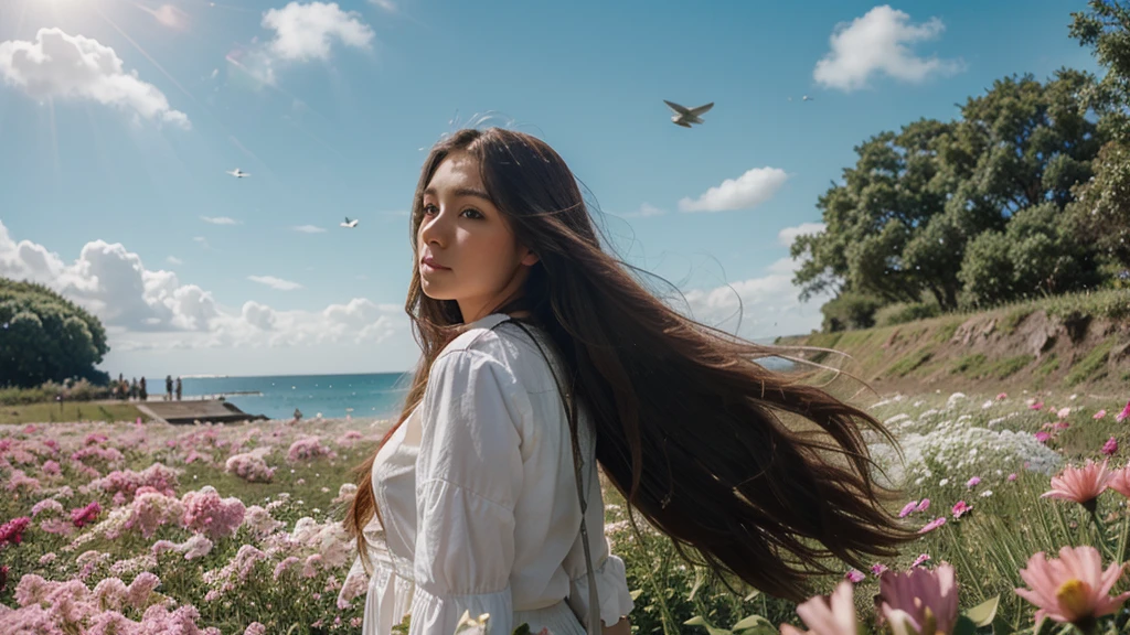 A female angel，long hair，wing，Sea of Flowers，fly in the sky