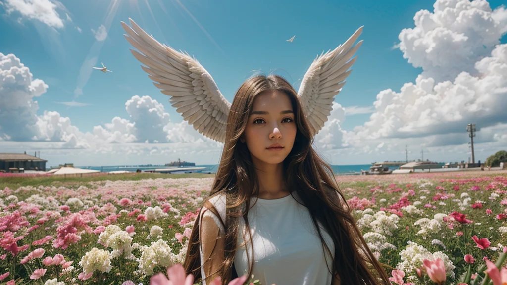 A female angel,long hair,wing,Sea of Flowers,fly in the sky