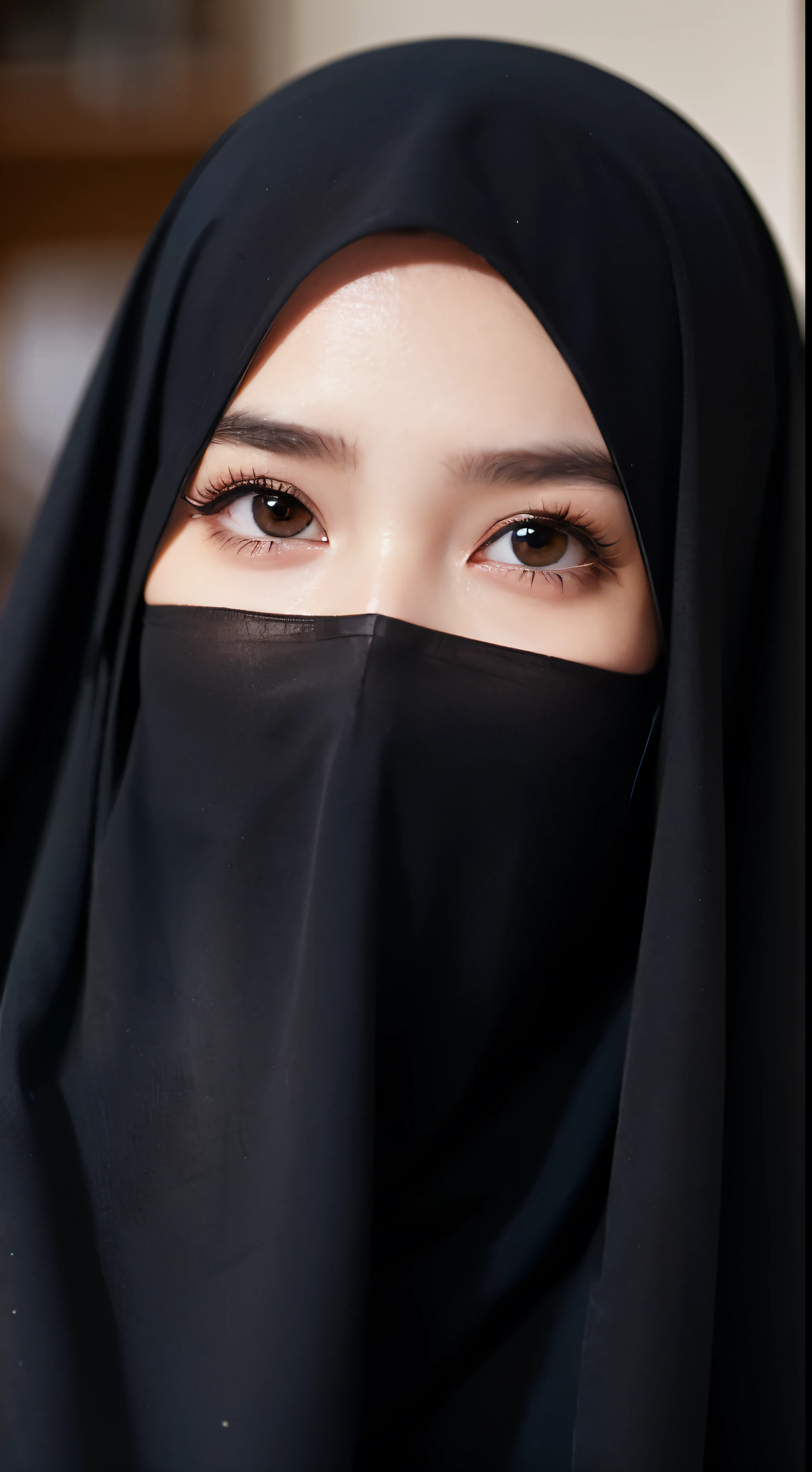 dressed, (photo realistic:1.4), (hyper realistic:1.4), (realistic:1.3), (smoother lighting:1.05), (increase cinematic lighting quality:0.9), 32K, 1girl,solo, a beautiful young woman hijab, ((black hijab)), (((covering mouth, black long veil:1.1))), 20yo girl, realistic lighting, backlighting, light on face, ray trace, (brightening light:1.2), (Increase quality:1.4), (best quality real texture skin:1.4), finely detailed eyes, finely detailed face, finely quality eyes, (Increase body line mood:1.1), (Increase skin texture beauty:1.1)
