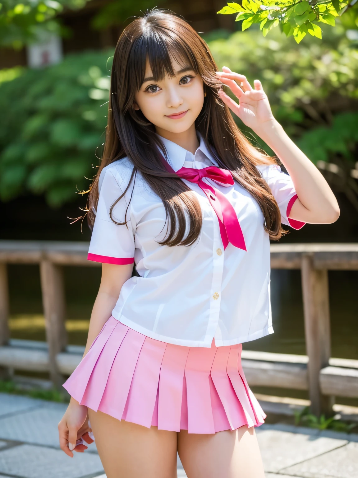 8k,masterpiece,Japanese,14-year-old girl,from the front,Innocent face,Real and actual Japanese junior high school uniforms, semi-long,noon,bright,Cherry tree,Very large breasts,Big Breasts,She lifts her skirt to reveal her sexy panties, Taken at the best angle