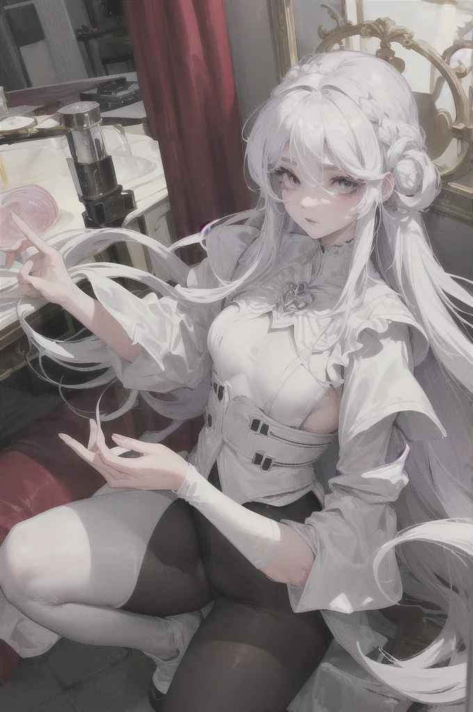 (best quality)), ((masterpiece)), Big , Big Ass, Good shape, White hair, Tights, Red iris, Big and bright eyes, Long eyelashes, Small, pale natural lips, Small chin, (Perfect four fingers, 1 thumb)