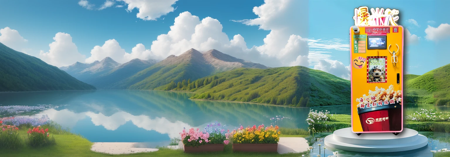 Flowers, trees, lakes, blue sky and white clouds