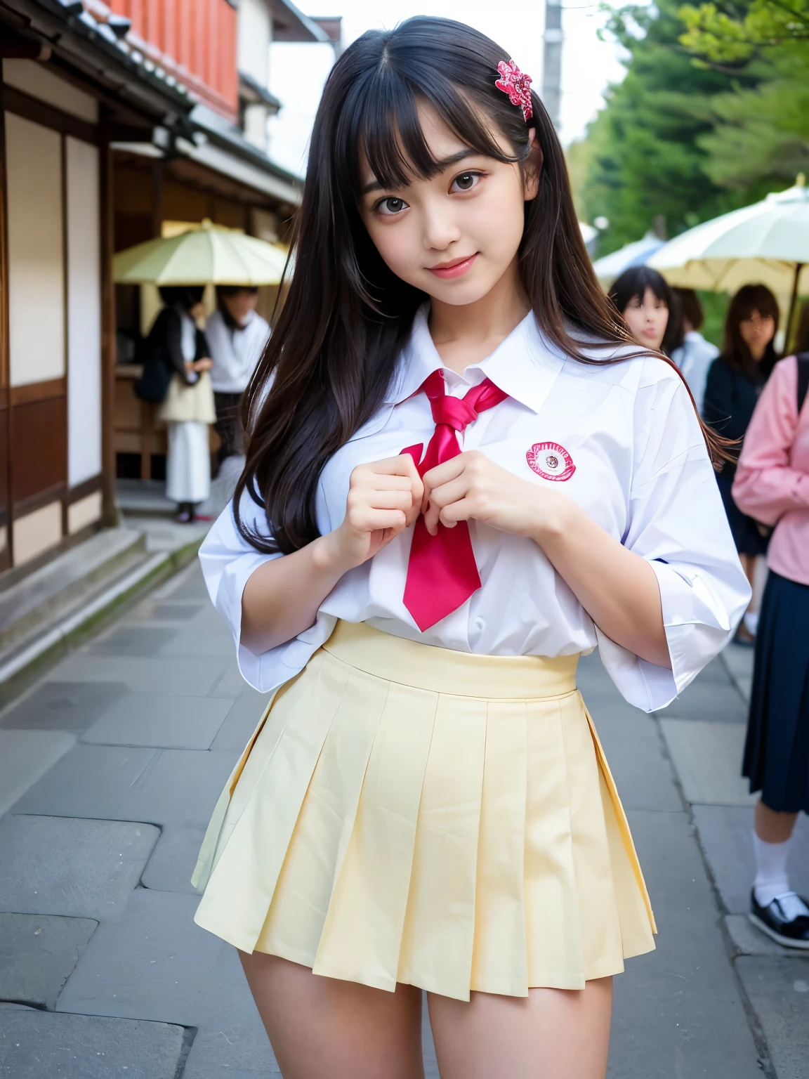 (Best-quality, Masterpiece, Ultra-High-Resolution, (Photorealistic:1.4), Raw Photo, depth of field, professional lighting, perfect anatomy, extremely details), 1girl, -yeld, thost famous Japanese idol, ((dynamic pose, full body)), (((wearing Japanese high-school uniform with summer-design))), (((having fun in Kyoto-City))), ((extremely cute face, ((extremely cute and extremely big eyes)), extremely beautiful hair, extremely beautiful skins)), extremely childish body, extremely beautiful thighs, looking at viewer, (detailed Kyoto-City)