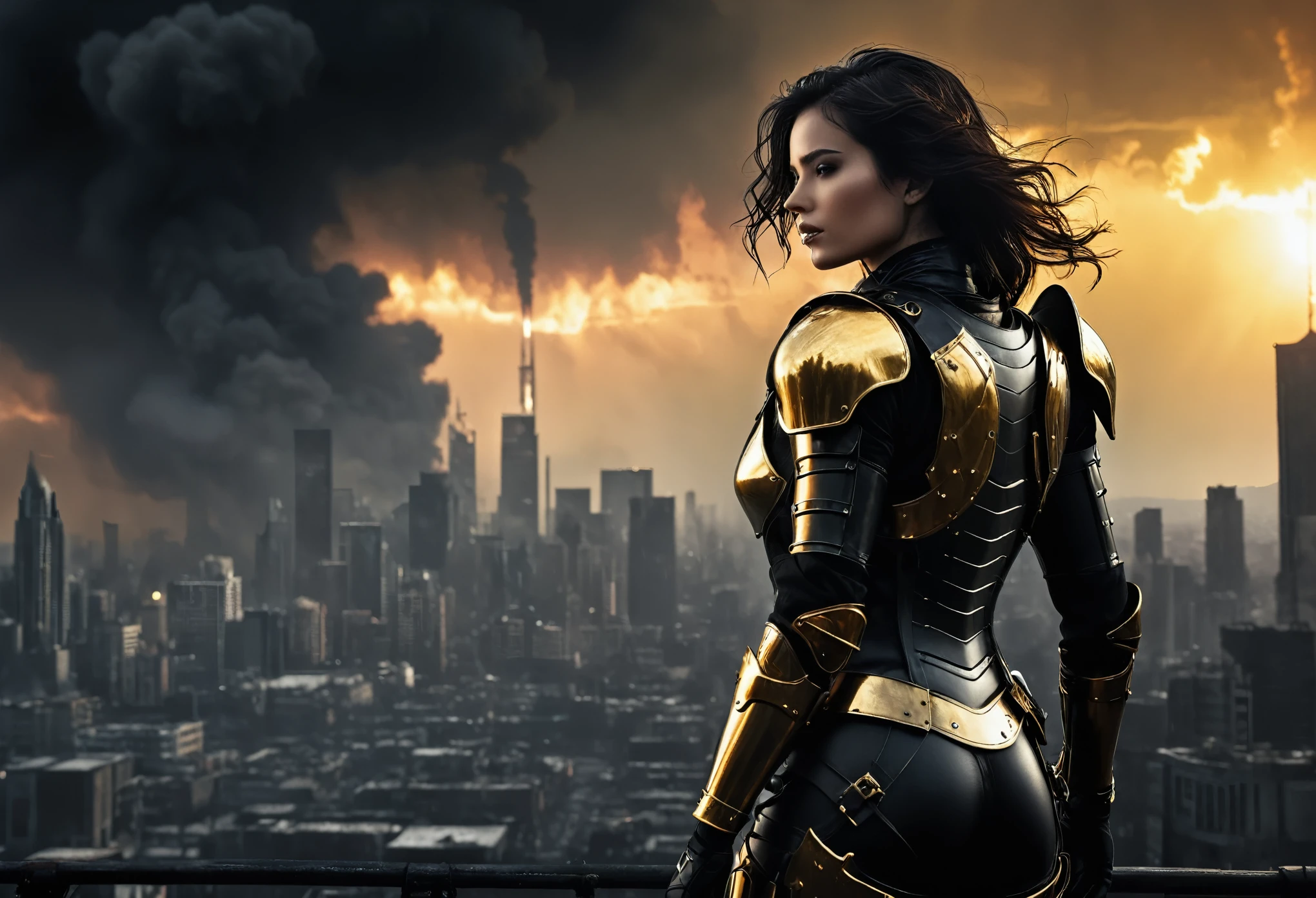 (((A very Beautiful female soldier  with long waving golden wearing Pitch black Full armor))), in Dark Cyber punk theme, ((stand alone in the Dark City)), (((Sky burn in background))), (Chaos scenes in the big city), Collapse and civil war, destruction, (((The backdrop of depressing sadness))), Dull tone, Professional lighting, (((Sci-fi movies,Hollywood movies, Professional staging, Realistic images are very high., Hyperrealistic))), fantasy picture, Realistic,studio lighting, flare from the sky,The air was gloomy and smoky.