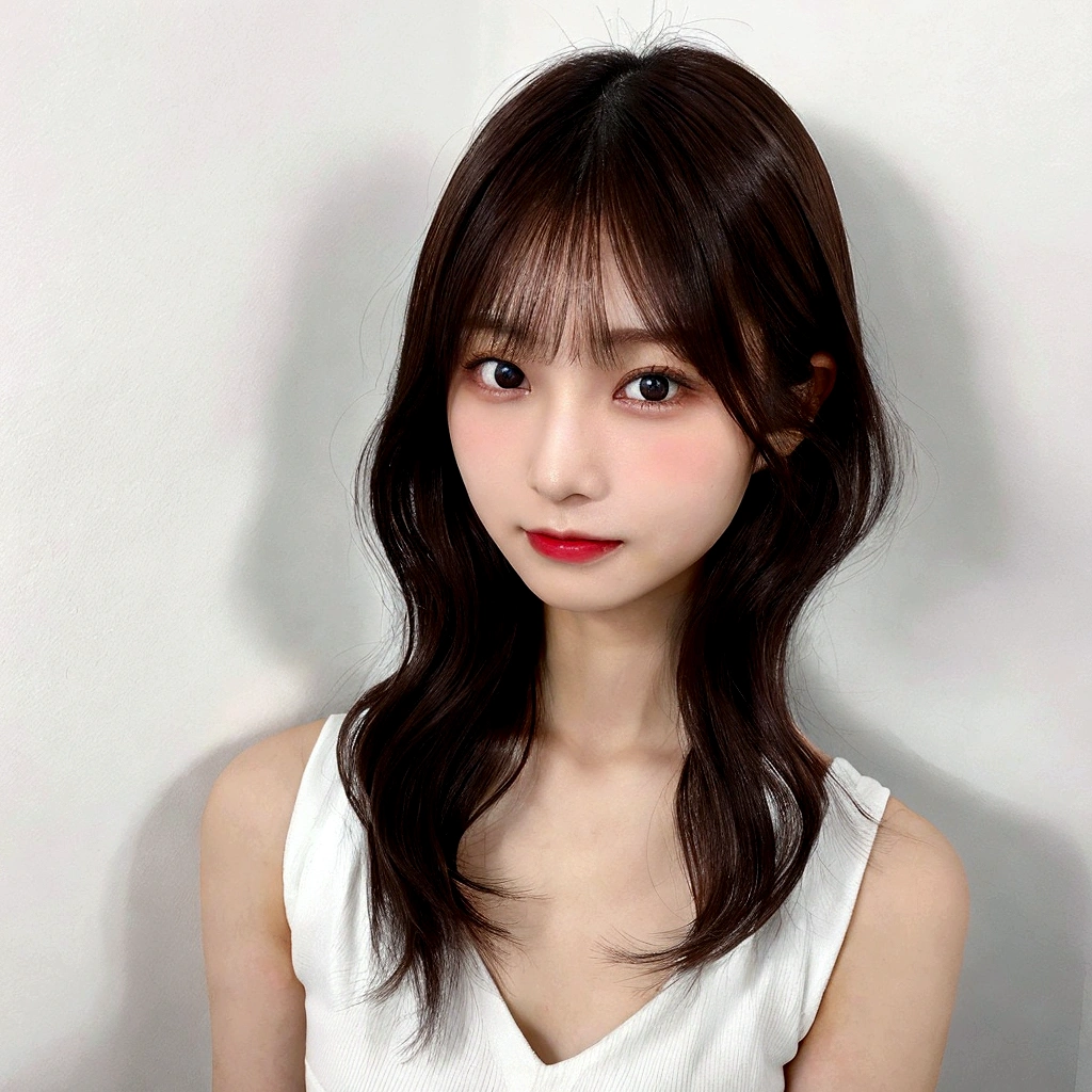 whiteroom, 1 person, Japanese woman, model's expression, look at the camera, 24yo, H~I cup, silver ratio, cool, dark brown hair, middle hair, Dimples on both cheeks, japanese idol,