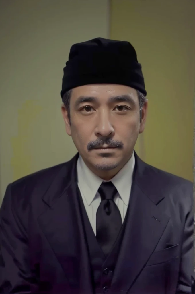 portrait of a 45 year old man wearing a black skullcap with a black suit