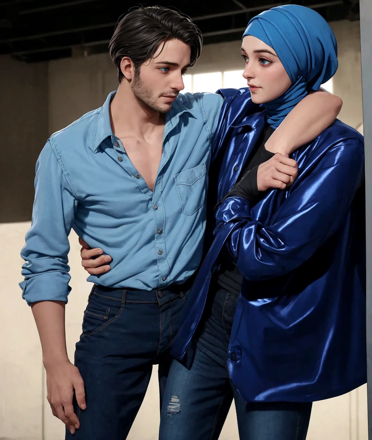 A young German man in a blue cotton shirt and jeans and a Syrian woman in a shiny plastic quilted coat and blue satin headscarf stand arm in arm in front of a refugee shelter, A German man in a cotton shirt and jeans is injured and is supported by a Syrian woman, A Syrian woman wearing a shiny plastic down coat supports an injured short-haired man, who can't walk alone, A Syrian woman wearing a headscarf holds an injured short-haired man in her arms, compassion, accident, injury, first aid, theater, ultra-realistic, photo