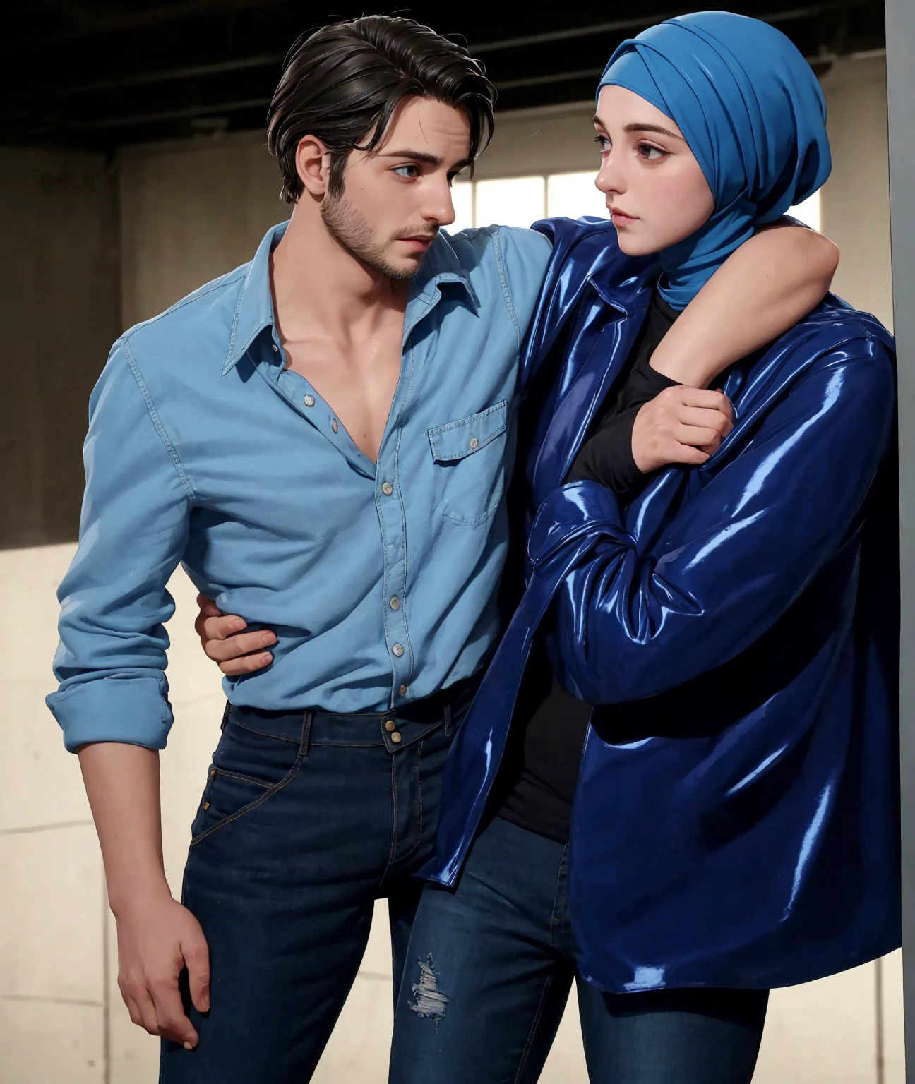 A young German man in a blue cotton shirt and jeans and a Syrian woman in a shiny plastic quilted coat and blue satin headscarf stand arm in arm in front of a refugee shelter, A German man in a cotton shirt and jeans is injured and is supported by a Syrian woman, A Syrian woman wearing a shiny plastic down coat supports an injured short-haired man, who can't walk alone, A Syrian woman wearing a headscarf holds an injured short-haired man in her arms, compassion, accident, injury, first aid, theater, ultra-realistic, photo