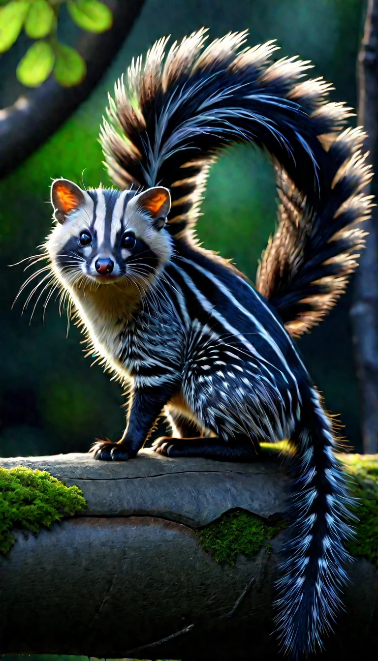 Looks like a civet cat,The hair on the head is very long,Mysterious Creatures, shrike, (best quality,4K,8K,High level,masterpiece:1.2),Ultra Detailed,(lifelike,Photo real,Photo real:1.37),Highly detailed animals,Complex patterns,Realistic lighting,Fantasy Creatures