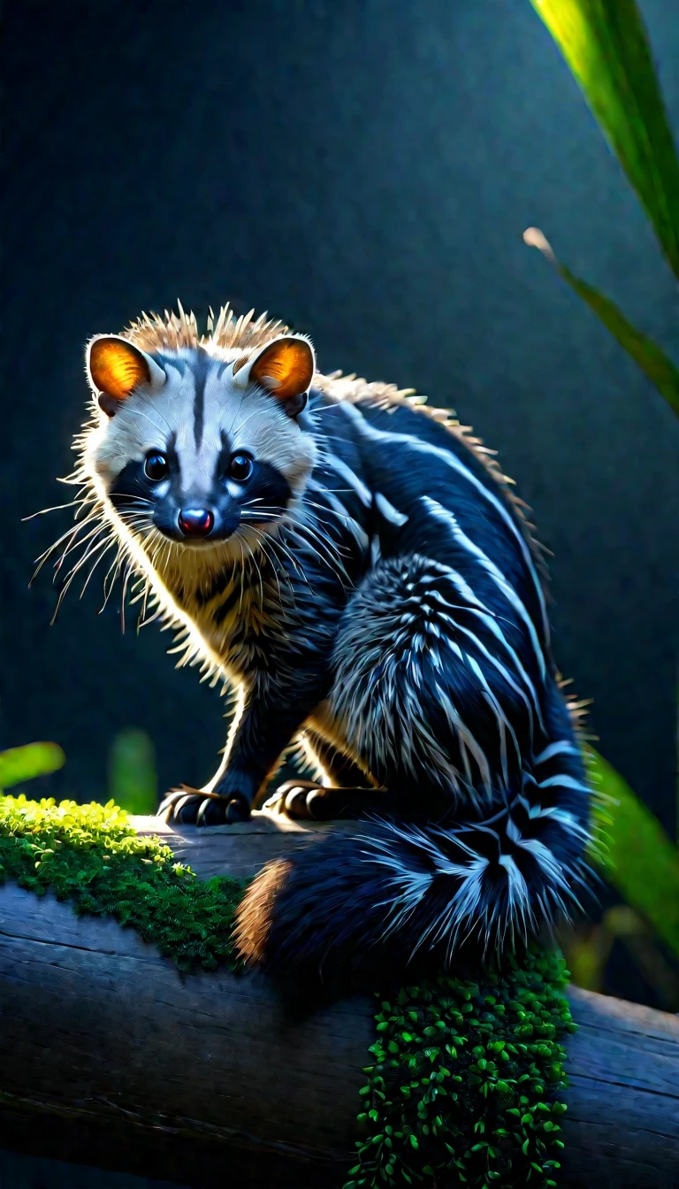 Looks like a civet cat,The hair on the head is very long,Mysterious Creatures, shrike, (best quality,4K,8K,High level,masterpiece:1.2),Ultra Detailed,(lifelike,Photo real,Photo real:1.37),Highly detailed animals,Complex patterns,Realistic lighting,Fantasy Creatures