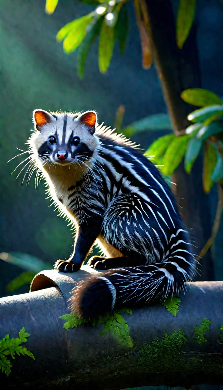 Looks like a civet cat,The hair on the head is very long,Mysterious Creatures, shrike, (best quality,4K,8K,High level,masterpiece:1.2),Ultra Detailed,(lifelike,Photo real,Photo real:1.37),Highly detailed animals,Complex patterns,Realistic lighting,Fantasy Creatures