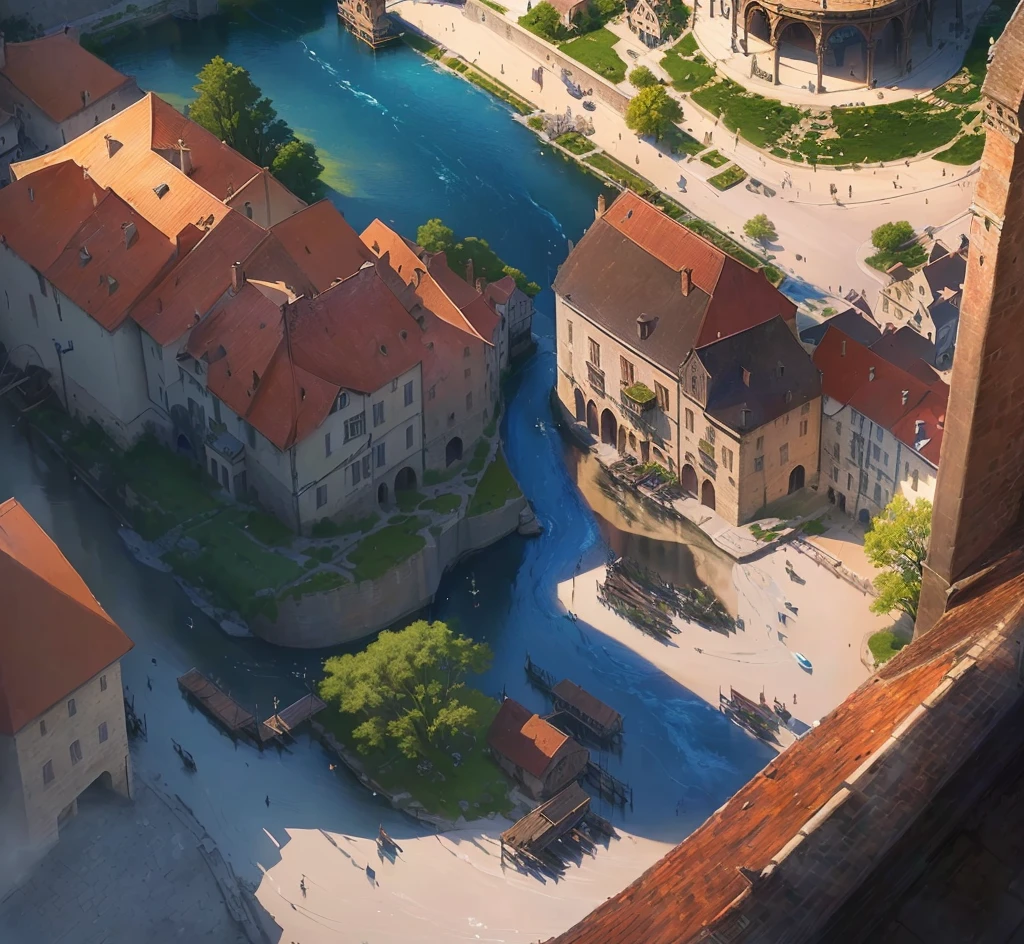 A river runs through a town, Magic,Realism,Medieval architecture,Lots of details,Silvaan Sarayi, Real photos of the town, Concept Art,The art of math,Clean background, Delicate shine, Fantastic illustrations, The art of math,epic illustration, Best quality,Perfect details