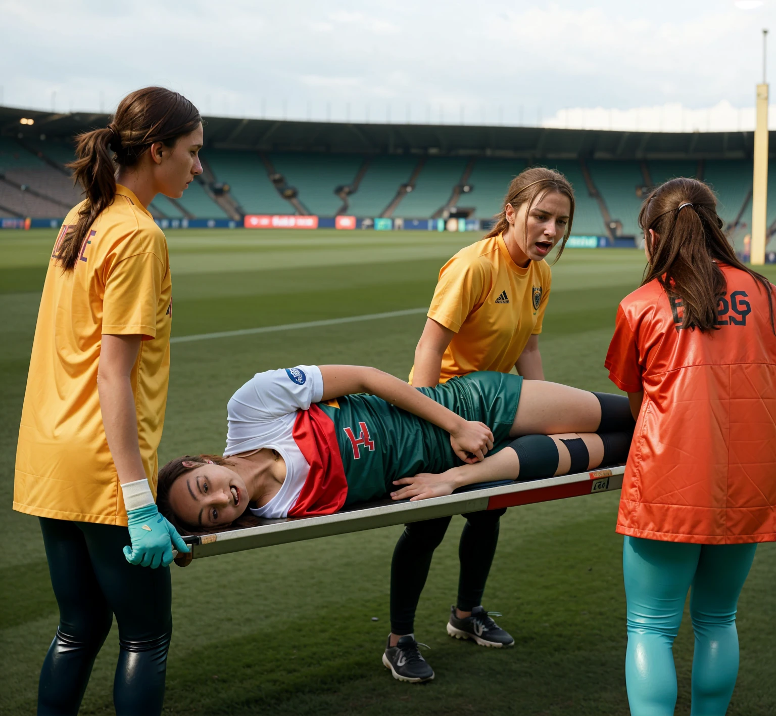 a soccer scene in a german sports stadium, injury scene in a sports stadium, stretcher carry, an injured soccer player is lying head first on his back on a stretcher and is covering his head with the hand, there are four young schoolgirls in shiny leather-trousers carrying a stretcher, there are four longhaired schoolgirls in high-shine latex-leggings who are carrying a stretcher in a german sports stadium, there is a wounded male soccer player in a short sports outfit lying head first on the stretcher, an injured male soccer player is lying head first on his back on a stretcher and is covering his agonised face with a hand, a soccer player is rearing up in intense pain while lying head first on his back on a stretcher and covering his head with a hand, dramatic scene, theatralic posing scene, dramatic pity scene, injury soccer, first aid, help, pity, there are four very angry looking schoolgirls in shiny latex-trousers who are looking very sad and very terrified and very shocked, the injured soccer player is screaming out in pain while he is carried from the pitch on a stretcher