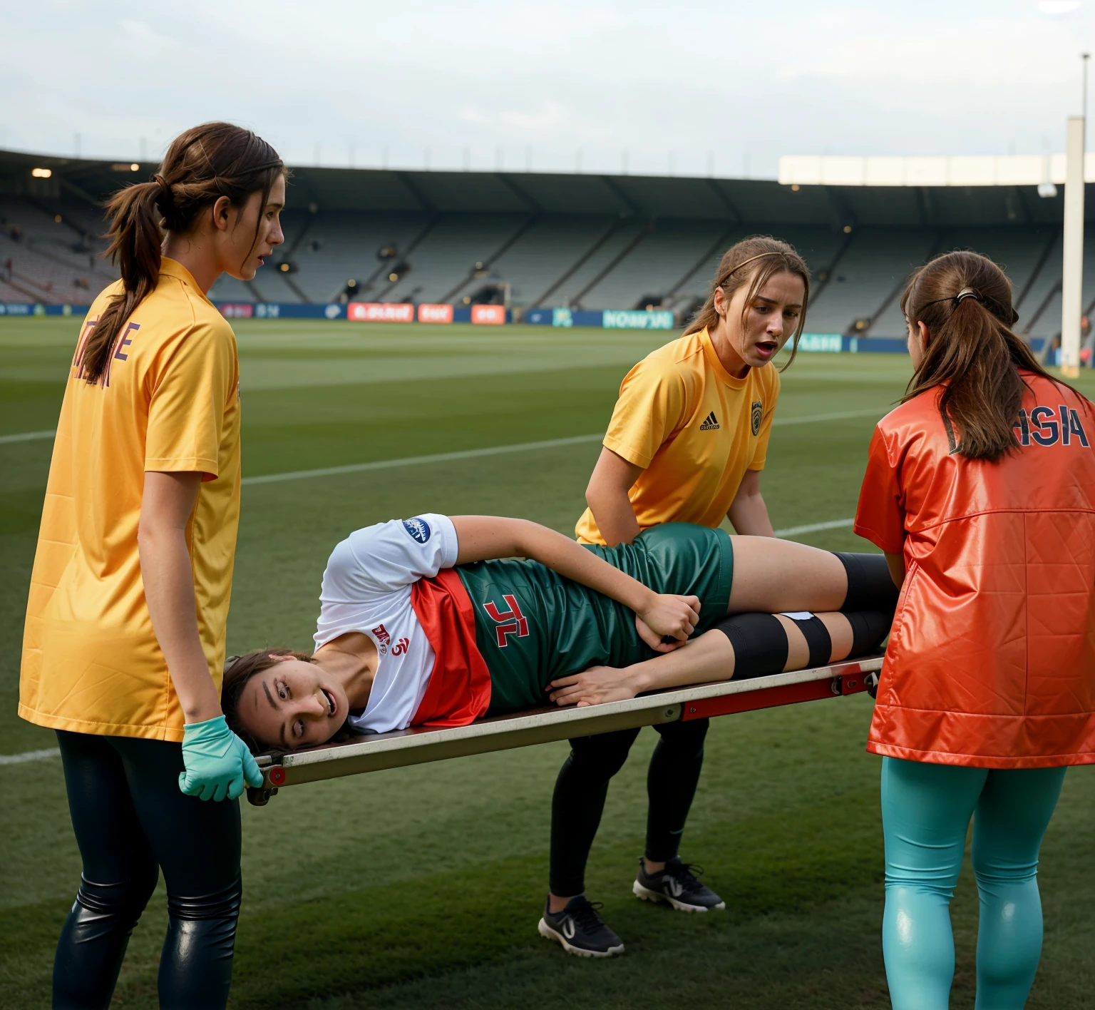 a soccer scene in a german sports stadium, injury scene in a sports stadium, stretcher carry, an injured soccer player is lying head first on his back on a stretcher and is covering his head with the hand, there are four young schoolgirls in shiny leather-trousers carrying a stretcher, there are four longhaired schoolgirls in high-shine latex-leggings who are carrying a stretcher in a german sports stadium, there is a wounded male soccer player in a short sports outfit lying head first on the stretcher, an injured male soccer player is lying head first on his back on a stretcher and is covering his agonised face with a hand, a soccer player is rearing up in intense pain while lying head first on his back on a stretcher and covering his head with a hand, dramatic scene, theatralic posing scene, dramatic pity scene, injury soccer, first aid, help, pity, there are four very angry looking schoolgirls in shiny latex-trousers who are looking very sad and very terrified and very shocked, the injured soccer player is screaming out in pain while he is carried from the pitch on a stretcher