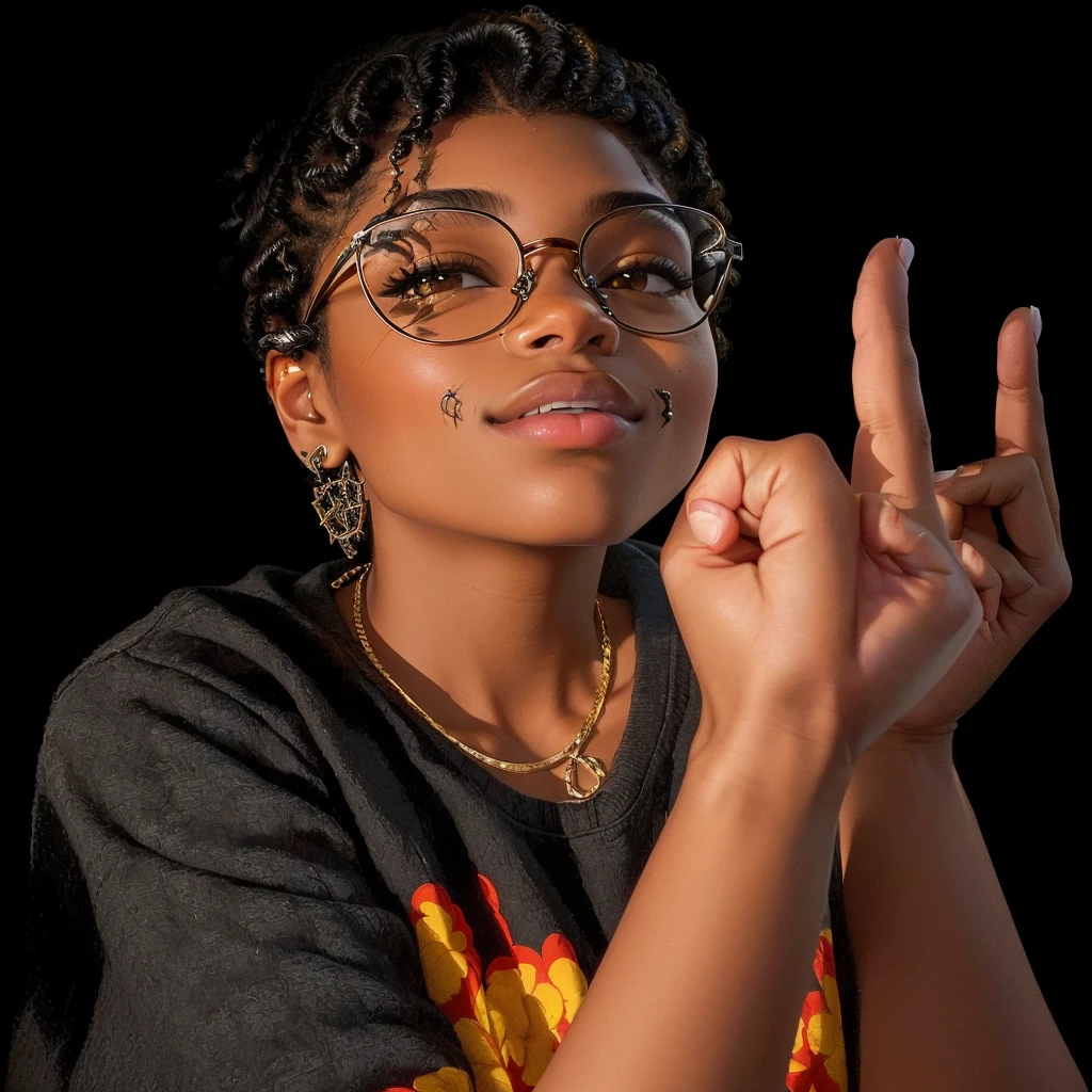 There is a woman in glasses making a peace sign with her hand, with index finger, middle finger, photo in style of tyler mitchell, giving the middle finger, She wears Harry Potter glasses, high-quality portrait, black teenage girl, detailed portrayal, in style of tyler mitchell, blacksmith willow portrait, retrato em close, blacksmith willow portrait, with pointing finger