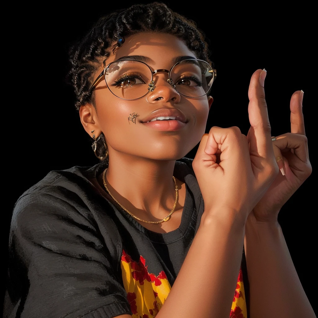 There is a woman in glasses making a peace sign with her hand, with index finger, middle finger, photo in style of tyler mitchell, giving the middle finger, She wears Harry Potter glasses, high-quality portrait, black teenage girl, detailed portrayal, in style of tyler mitchell, blacksmith willow portrait, retrato em close, blacksmith willow portrait, with pointing finger