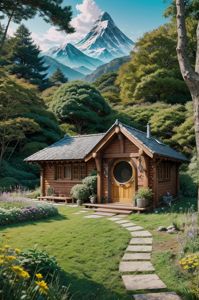 Realistic, real life, beautiful hobbit house on the hill, style of laurie greasley, studio ghibli, akira toriyama, james gilleard, genshin impact, trending pixiv fanbox, acrylic palette knife, 4k, vibrant colors, devinart, trending on artstation
