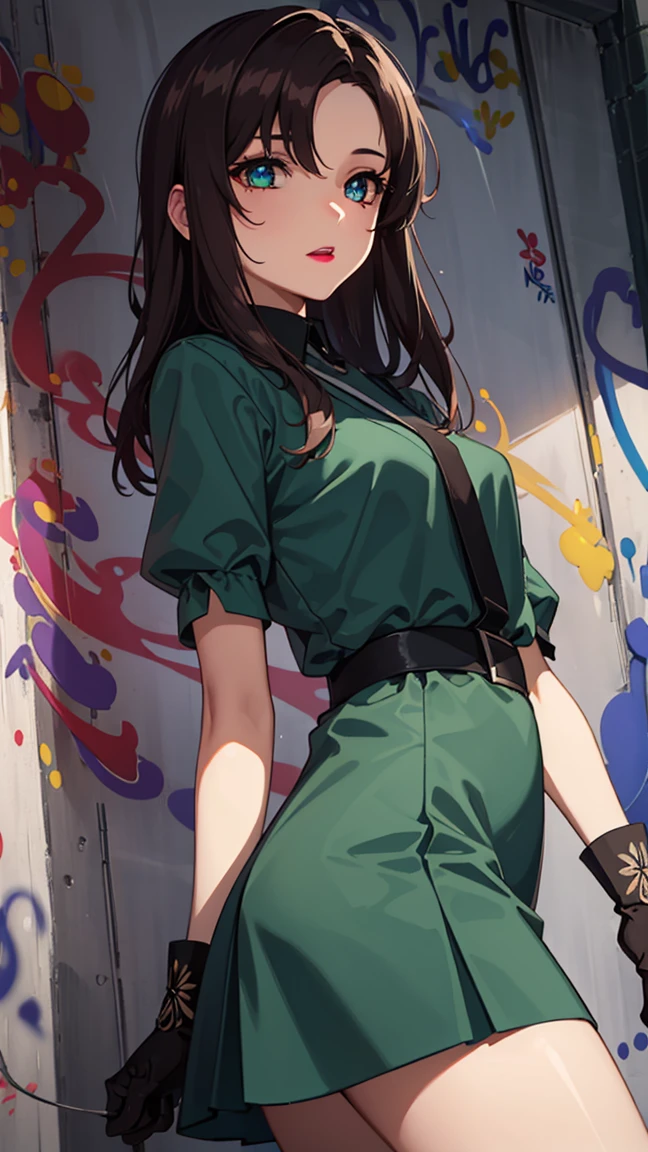 bangs,brown_hair, long_hair,red eyes,lipstick,makeup,
BREAK black gloves, gloves, skirt, dress, green dress, short sleeves, puffy sleeves, juliet sleeves, short skirt, green skirt,
BREAK (Graffiti:1.5), Splash with purple lightning pattern, arm behind back, against wall, View viewers from the front,  bored,
BREAK outdoors,
BREAK (masterpiece:1.2), best quality, high resolution, unity 8k wallpaper, (illustration:0.8), (beautiful detailed eyes:1.6), extremely detailed face, perfect lighting, extremely detailed CG, (perfect hands, perfect anatomy),