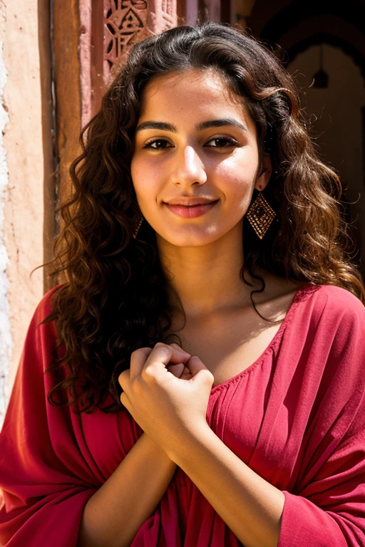 Pretty Moroccan woman aged 22 , with slightly curly hair . Who hides his mouth with his hand