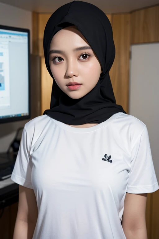 a potrait of a malay girl with black hijab.. wearing white t shirt standing straight in studio... view from her front.. her eyes looking straight to camera