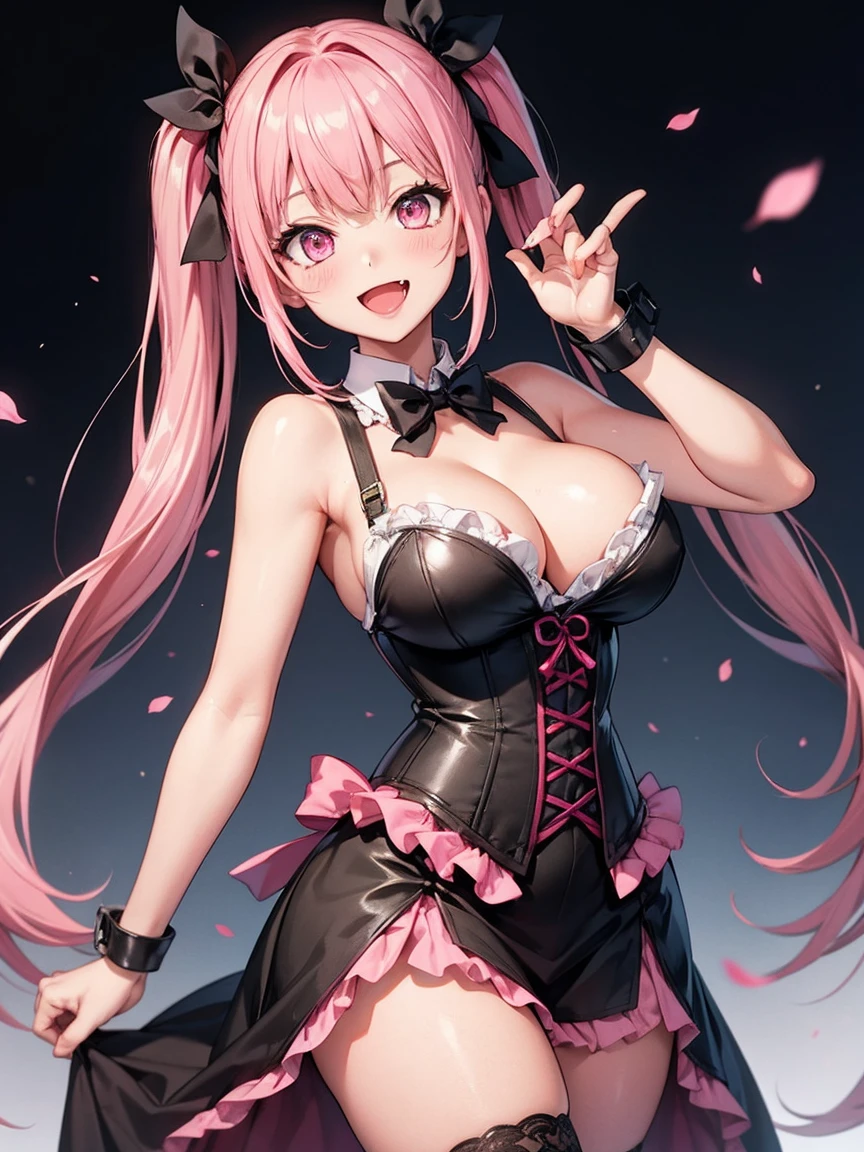 1girl,breasts,pink_hair,solo,twintails,cleavage,pink_eyes,looking_at_viewer,fang,large_breasts,long_hair,open_mouth,areola_slip,smile,bangs,blush,hair_ribbon,corset,black_bowtie,:d,sidelocks,skirt,hair_intakes,hair_bow