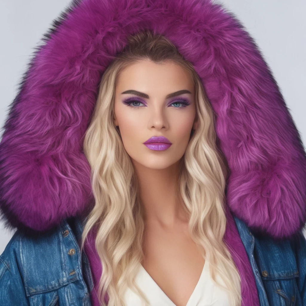 Create a high-definition, glossy image of female wearing a large russian coat with a purple trim fur collar and denim shorts. Ensure her face is flawless, with captivating eyes and a seductive grin. she has purple lips and blue eyes, Enhance the outfit to be sleek and stylish, radiating sexiness