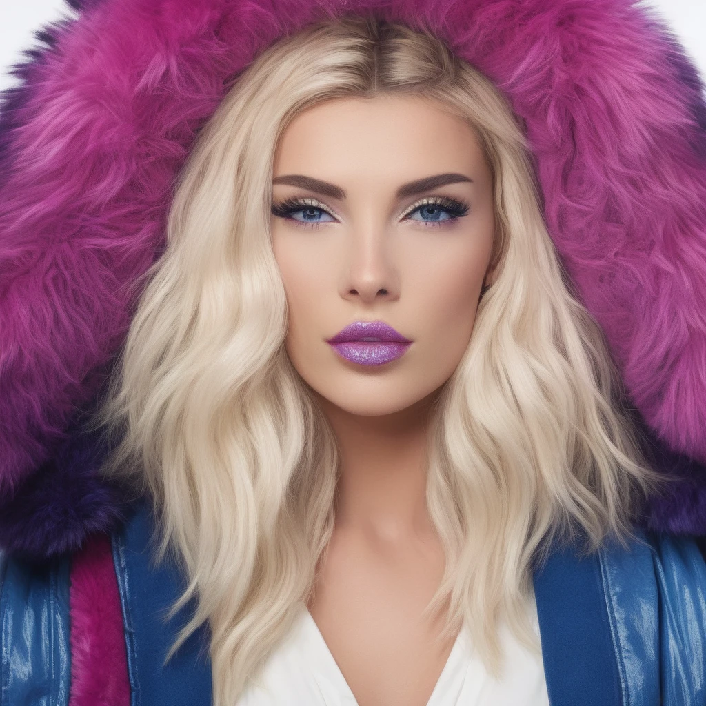 Create a high-definition, glossy image of female wearing a large russian coat with a purple trim fur collar and denim shorts. Ensure her face is flawless, with captivating eyes and a seductive grin. she has purple lips and blue eyes, Enhance the outfit to be sleek and stylish, radiating sexiness