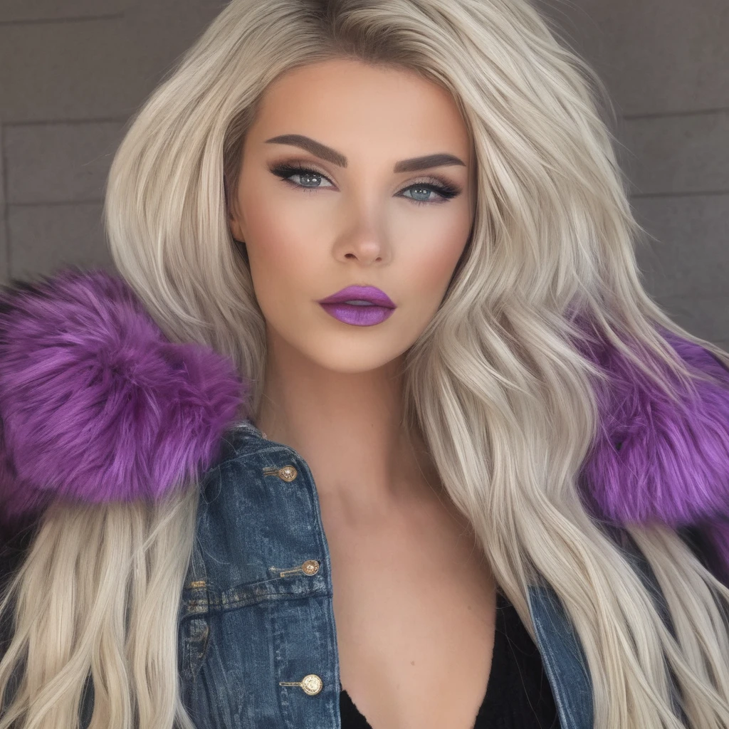 Create a high-definition, glossy image of female wearing a large russian coat with a purple trim fur collar and denim shorts. Ensure her face is flawless, with captivating eyes and a seductive grin. she has purple lips and blue eyes, Enhance the outfit to be sleek and stylish, radiating sexiness