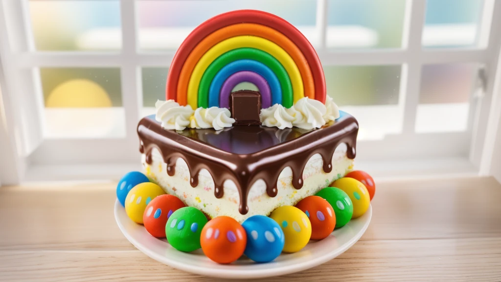 in the kitchen, on a wooden table, on a white porcelain plate, a white square cream cake, colorful m&m's dragees around the cake, drops of chocolate ganache on the cake, cream clouds, a rainbow made of polymer clay, window light, bright lights, soft light, window light, professional lighting, light from the window, neat light, realistic texture, realistic style, detailed texture, high quality, high resolution, high quality rendering, realistic photo, brightning light, macro photo
