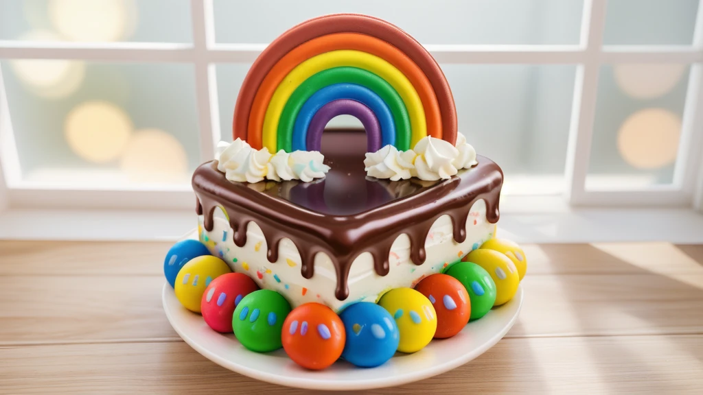in the kitchen, on a wooden table, on a white porcelain plate, a white square cream cake, colorful m&m's dragees around the cake, drops of chocolate ganache on the cake, cream clouds, a rainbow made of polymer clay, window light, bright lights, soft light, window light, professional lighting, light from the window, neat light, realistic texture, realistic style, detailed texture, high quality, high resolution, high quality rendering, realistic photo, brightning light, macro photo
