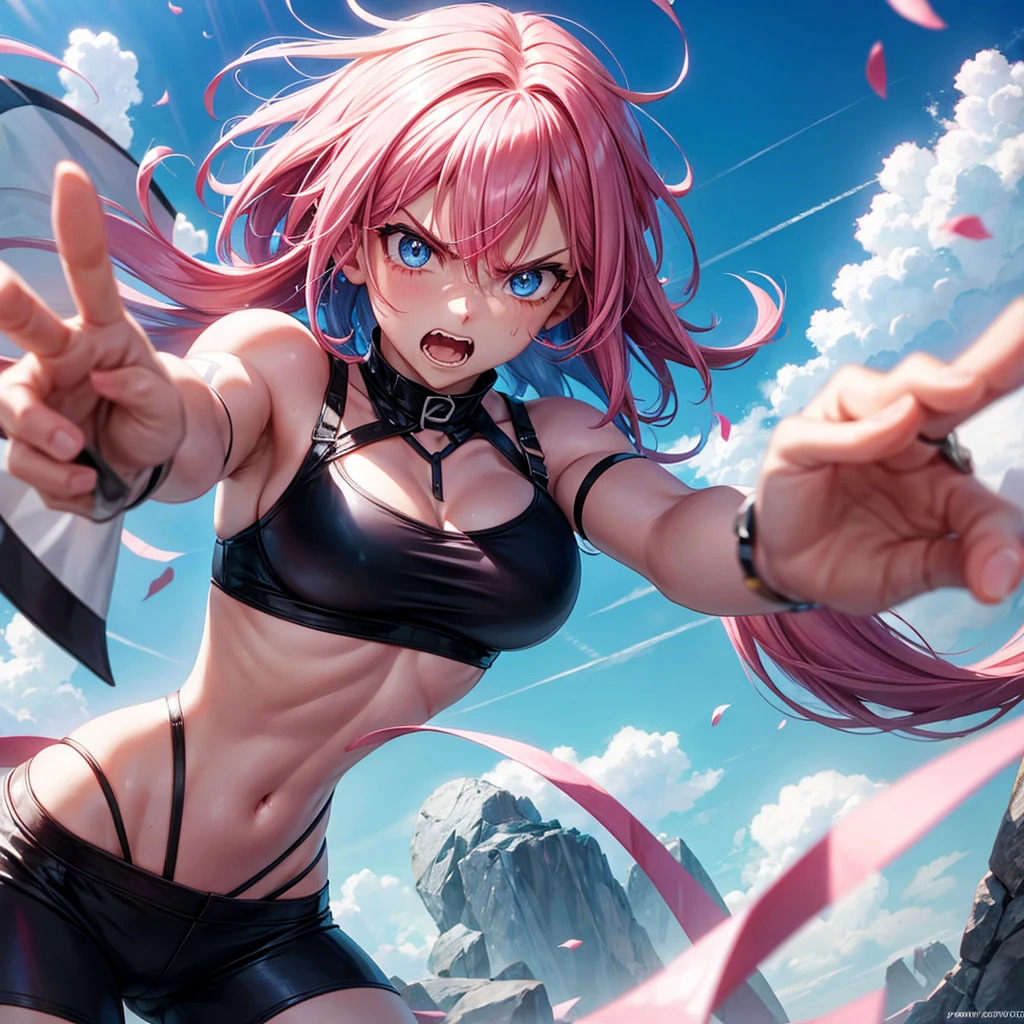 an angry female character pink hair blue eyes