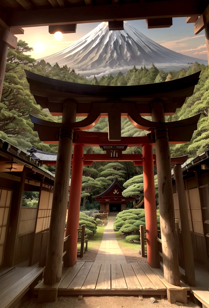 aerial photography, panoramic photography, huge moon, The abodes of the gods are scattered throughout the mountains, Huge residence where ancient Japanese gods lived, the vast grounds, lake, The abodes of some gods are so high that they touch the sky, the majesty and the divine, ancient architectural styles made of wood and stone, Ise Grand Shrine and Izumo Taisha and Omiwa Shrine are merge and expand, landscapes of Japan 100000 years ago, Mt. Fuji looks small in the distance, Mt. Fuji erupts and spews out magma, There is no snow on Mt. Fuji, tropical virgin forest, forests and lakes, ancient ruins, Thatched houses where people who worship God live, outdoor, Original scenery of the Japanese, 8k, 4k, fantasy, High-definition, ancient colors, The gigantic torii gate, sepia color,