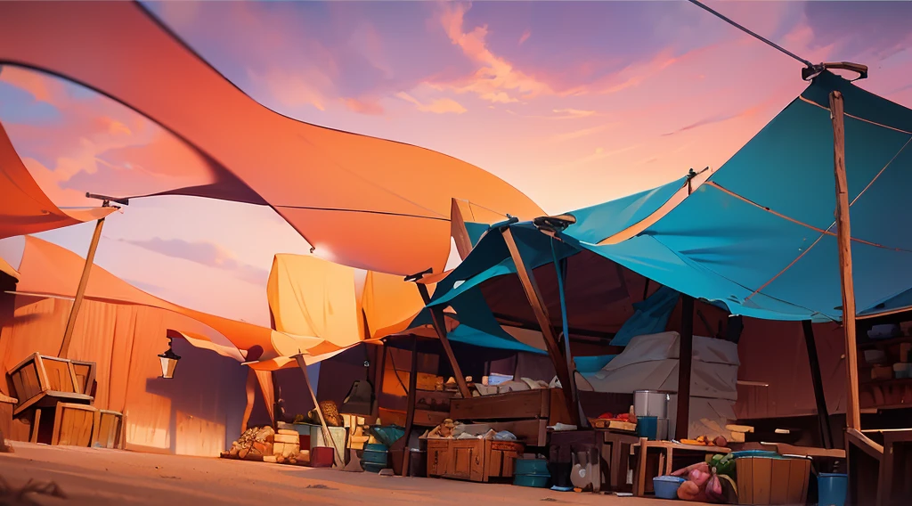 traditional market, (market stalls, market tents, canopies, tarp canopy), butchery, wooden boxes, wooden basket, strings, sand ground, dawn sky, dark morning, low angle, 