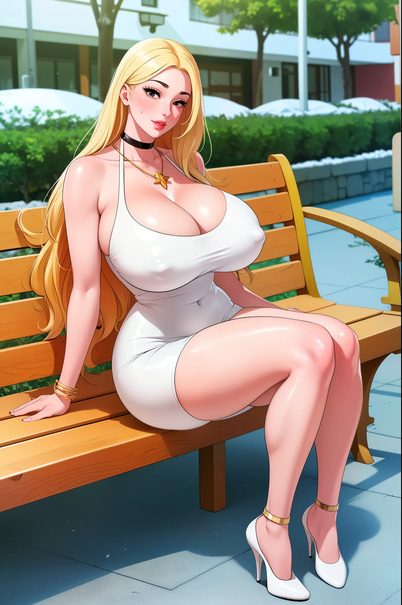 An extremely beautiful stunning voluptuous woman, with gold blonde long silky hair, a black blindfold on her eyes, extremely super bright snow white fair stunning flawless glowing lush shiny white complexion, flawless skin, a perfect tight hourglass figure, and a skinny waist, sexy thick smooth luscious legs and thighs, wearing a short sexy tight revealing white latex dress with threads, gold necklace on the neck, gold anklets on feet, white chains on the waist, sitting legs crossed on the bench, extremely cute smile on the face, bright pink blushes on cheeks, holding a pink purse, kids park in the background, show full body from head to feet.