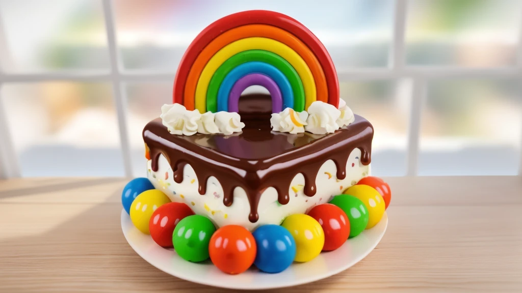 in the kitchen, on a wooden table, on a white porcelain plate, a white square cream cake, colorful m&m's dragees around the cake, drops of chocolate ganache on the cake, cream clouds, a rainbow made of polymer clay, window light, bright lights, soft light, window light, professional lighting, light from the window, neat light, realistic texture, realistic style, detailed texture, high quality, high resolution, high quality rendering, realistic photo, brightning light, macro photo