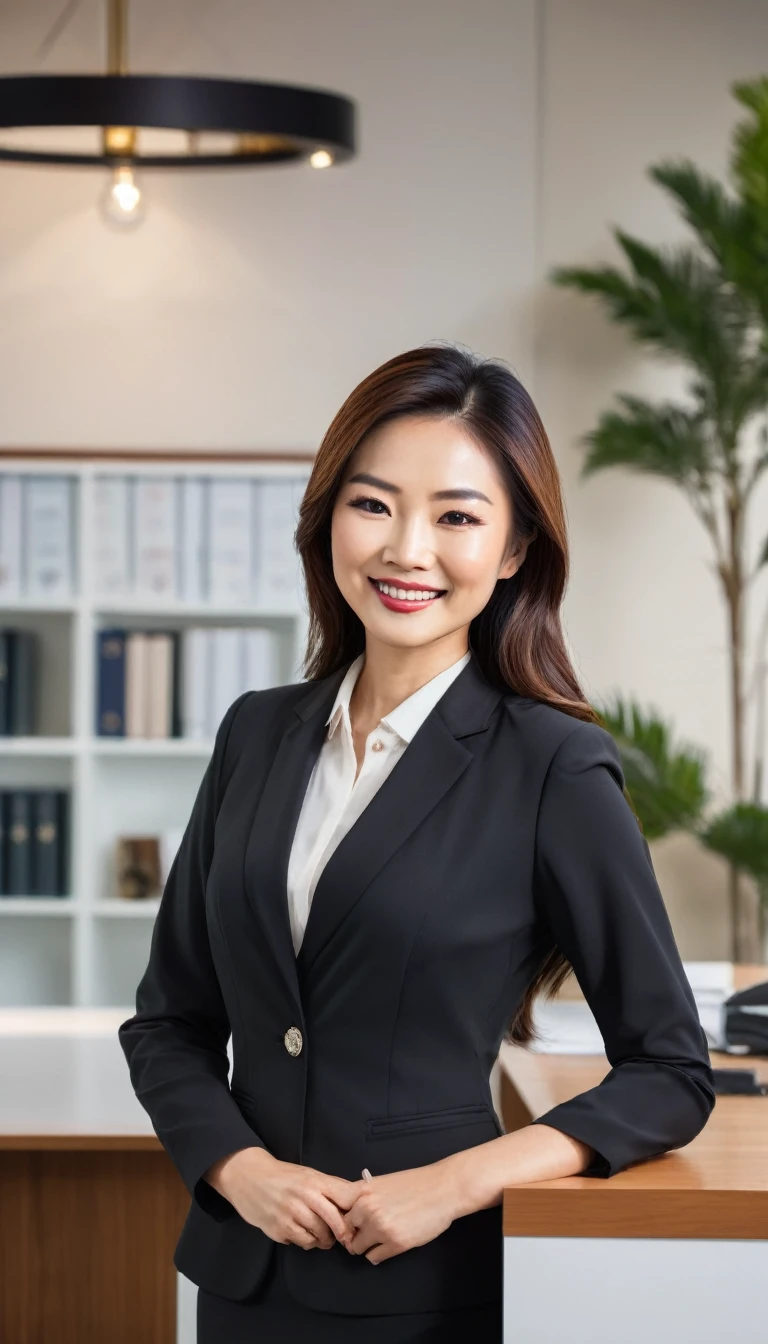 A beautiful Asian woman stands gracefully behind a counter, dressed in elegant and professional office attire. She is smiling warmly, exuding elegance and poise. The background and lighting are meticulously designed to enhance the overall aesthetic, creating a visually appealing and harmonious scene that reflects professionalism and charm.